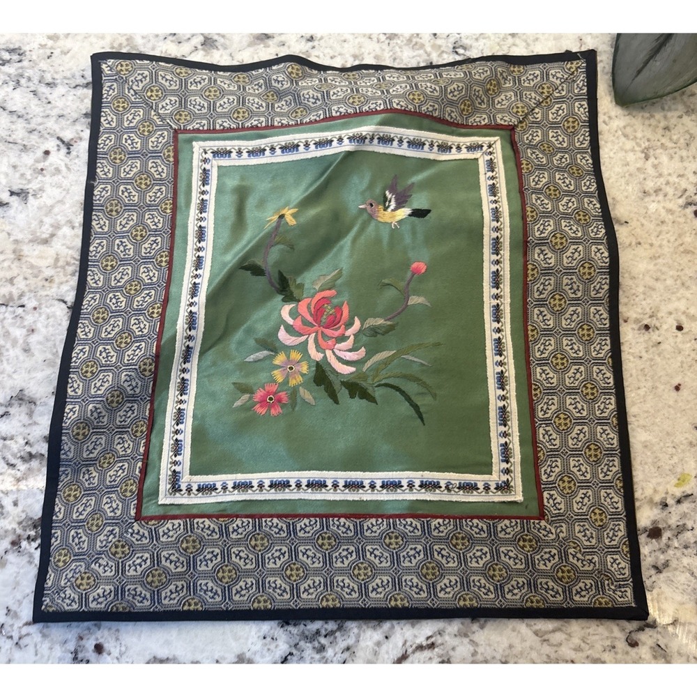 Chinese Silk Embroidered Textile flowers Bird Colorful Decor Oriental Green